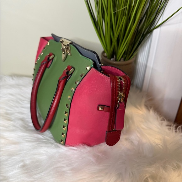 Valentino Pink and Green Studded Satchel - Picture 3 of 6
